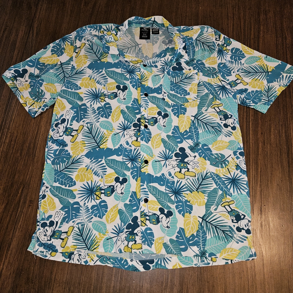 Disney Mickey Mouse Leaf Print Shirt - Blue and Yellow Size Large